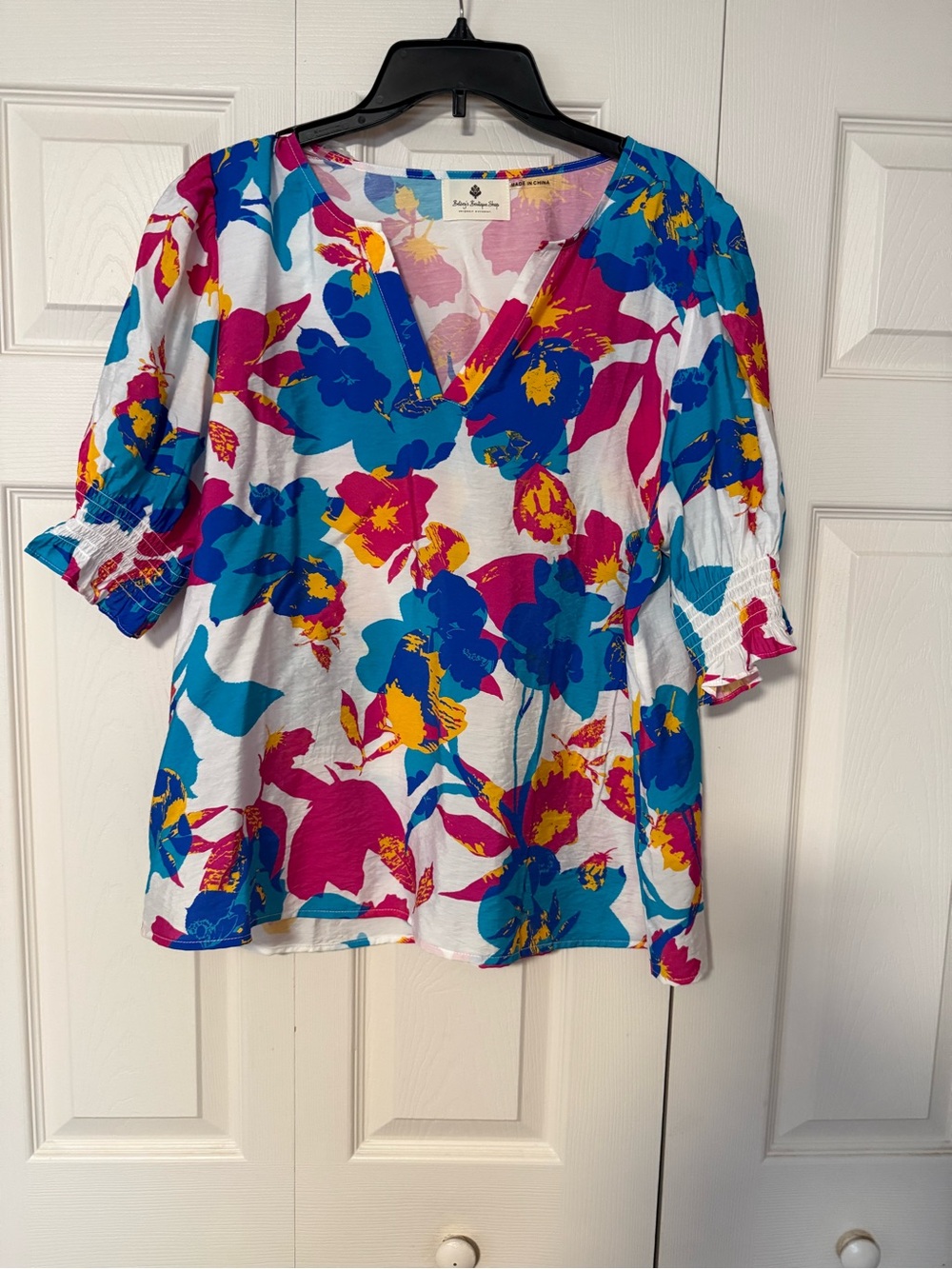 V-Neck Floral Tunic Top in White with Blue & Pink Blooms
